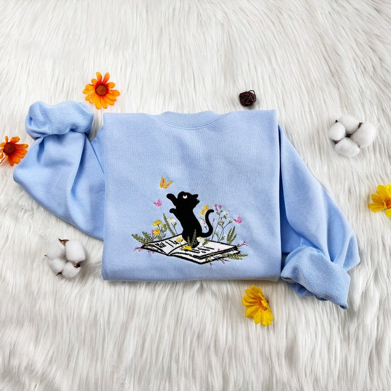 Embroidered Cat Sweatshirt: Book & Butterfly Design, Unisex