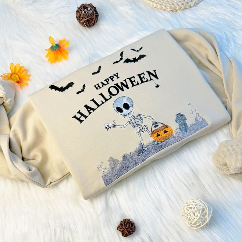 Embroidered Halloween Skeleton Sweatshirt, Pumpkin Lantern, Unisex