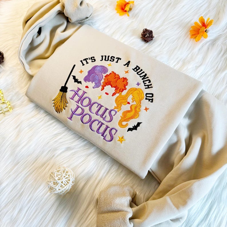 Embroidered Hocus Pocus Sweatshirt: Halloween Witch Crew Neck, 100% Cotton Unisex Sweatshirt