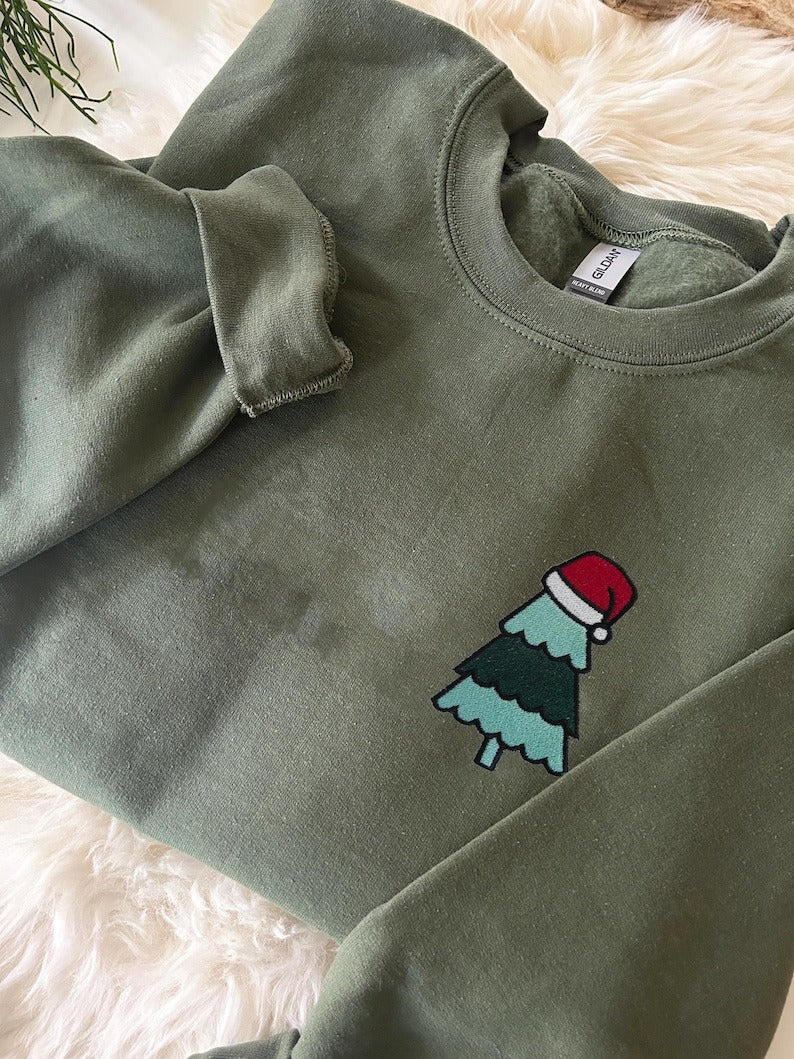 Embroidered Christmas Tree Sweatshirt, Holiday Crewneck Sweater