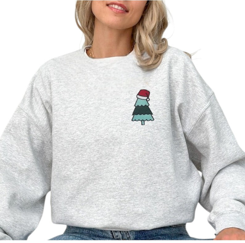 Embroidered Christmas Tree Sweatshirt, Holiday Crewneck Sweater
