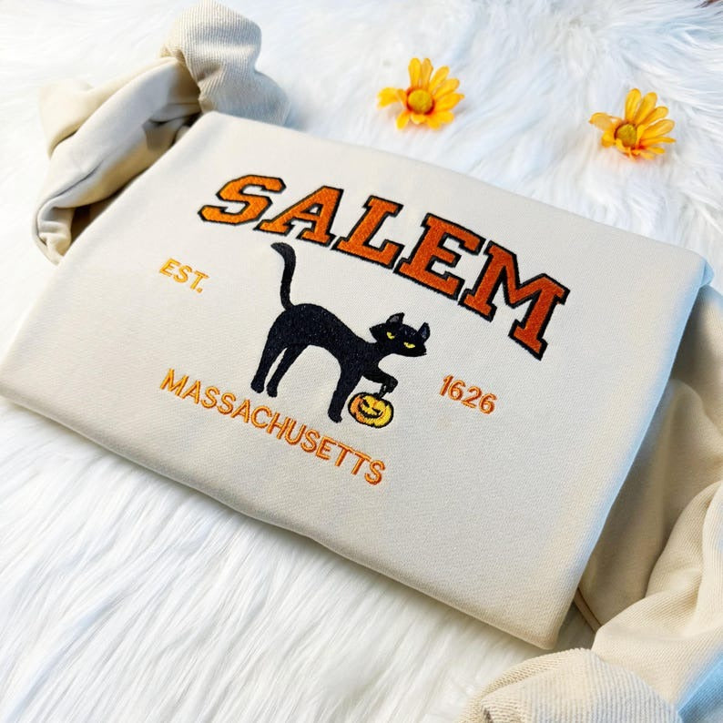 Embroidered Salem Cat Sweatshirt: Halloween Pumpkin, Unisex Cotton
