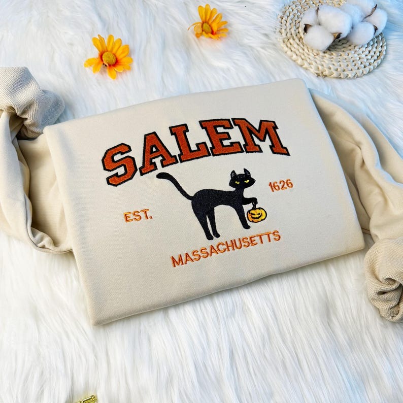 Embroidered Salem Cat Sweatshirt: Halloween Pumpkin, Unisex Cotton