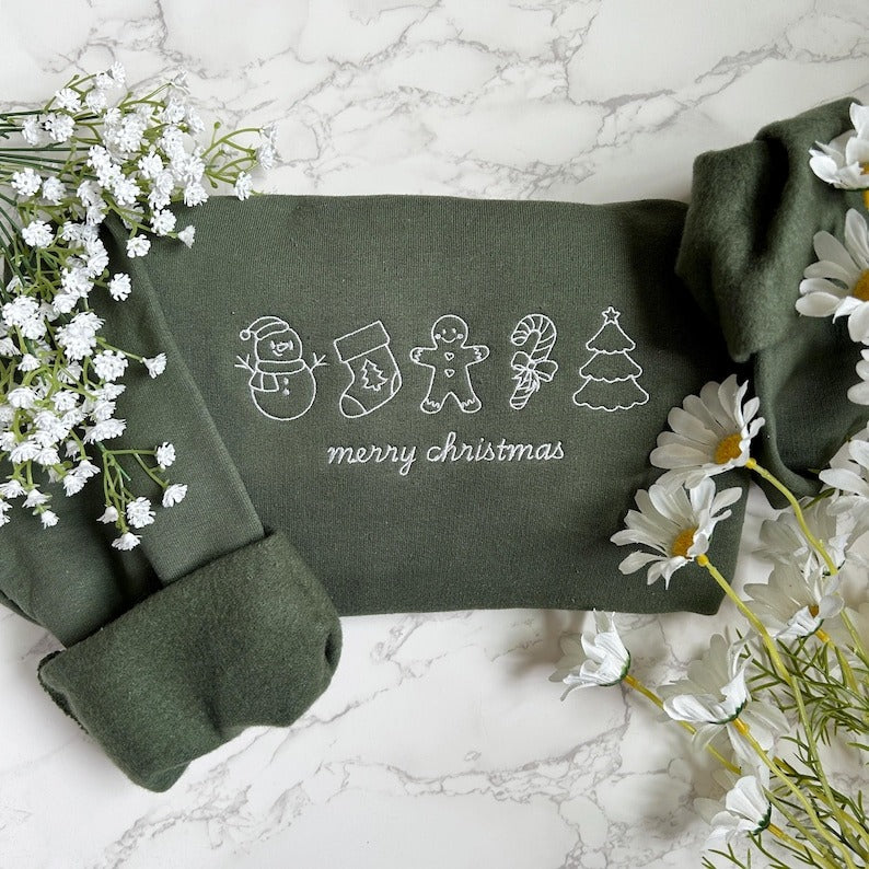 Embroidered Merry Christmas Sweatshirt, Embroidered Christmas Crewneck Sweatshirt, Embroidered Gingerbread Sweater, Custom Xmas Gift
