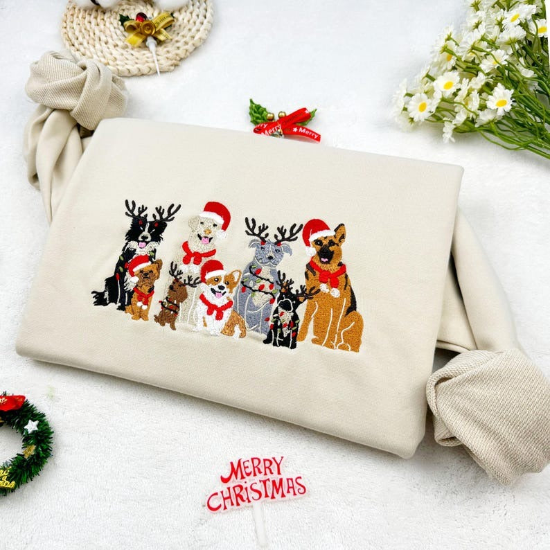 Christmas Dog Family Embroidered Sweatshirt – Unisex Holiday Crewneck, Matching Family Christmas Sweater, Dog Lover Gift