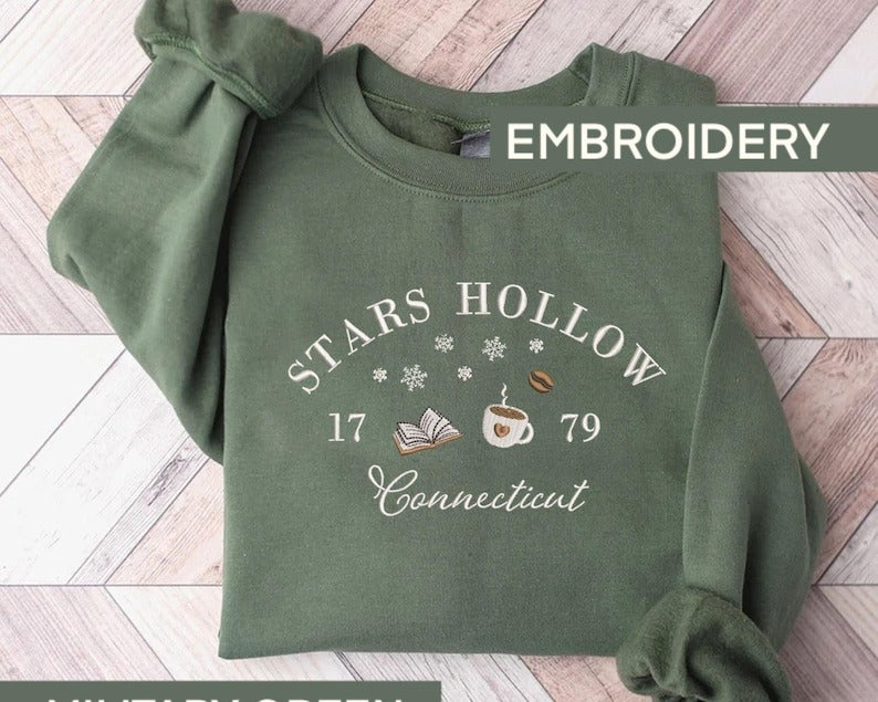 Embroidered Stars Hollow Connecticut Sweatshirt, Cozy Winter Sweatshirt, Stars Hollow Crewneck, Autumn Embroider Sweater, Reader Book Shirt