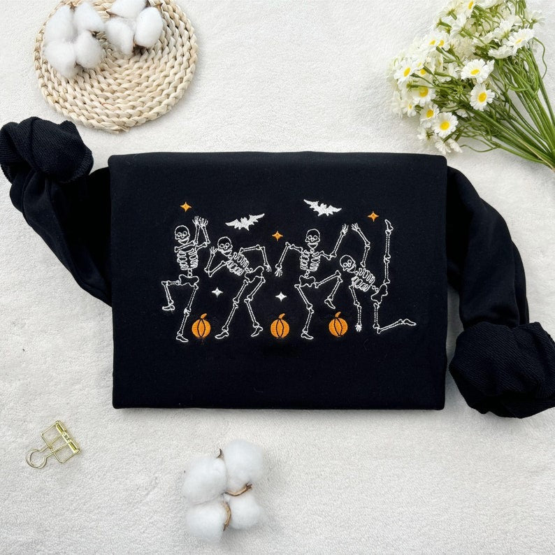 Embroidered Halloween Sweatshirt, Dancing Skeletons, Funny Party Tee