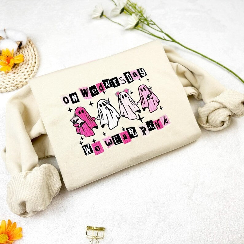 Embroidered Halloween Sweatshirt: On Wednesday We Wear Pink Ghost Crewneck