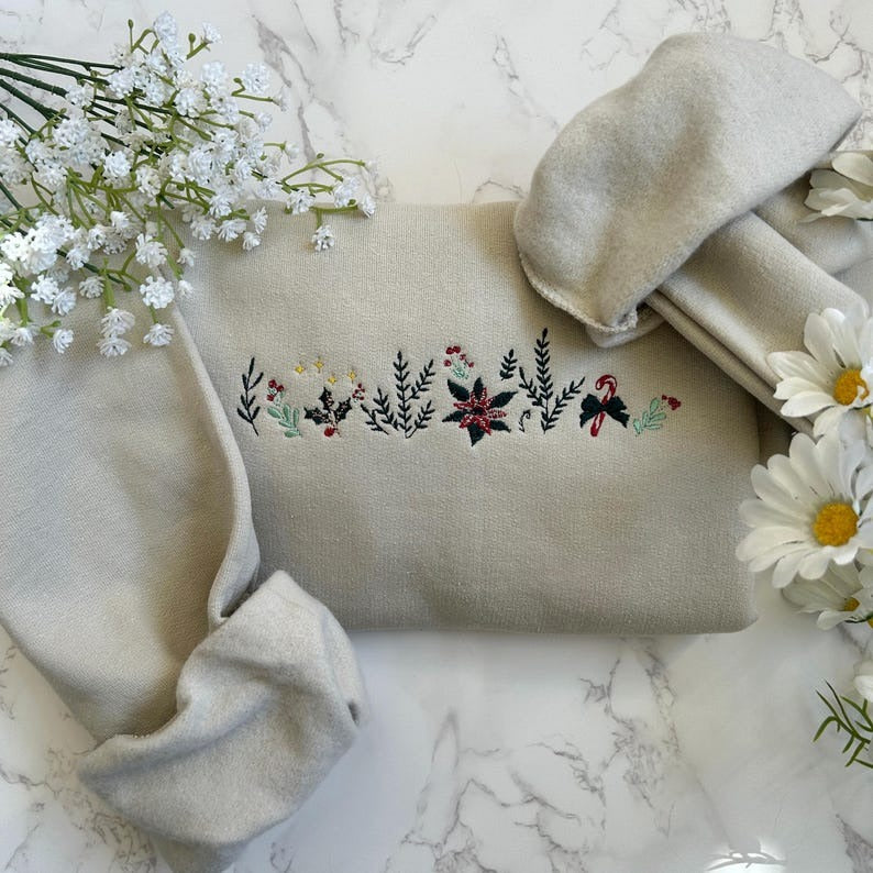 Embroidered Christmas Sweatshirt, Holiday Cozy Season Sweatshirt, Christmas Floral, Embroidered Candy Cane Sweater, Christmas Sweatshirt,