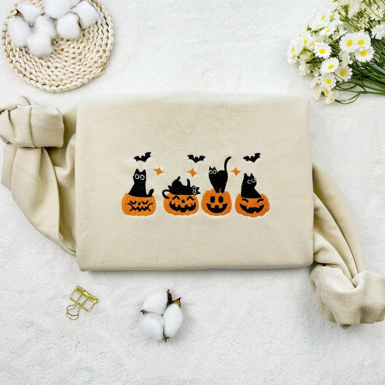 Embroidered Cat Pumpkin Halloween Sweatshirt: Unisex Cotton Crew Neck