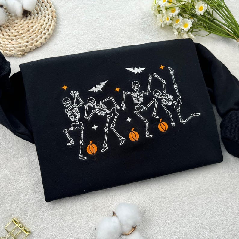 Embroidered Halloween Sweatshirt, Dancing Skeletons, Funny Party Tee