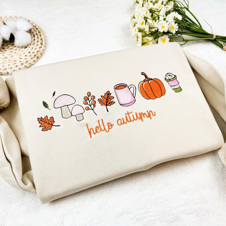 Embroidered Autumn Sweatshirt: Pumpkin, Tea, Ice Cream Design