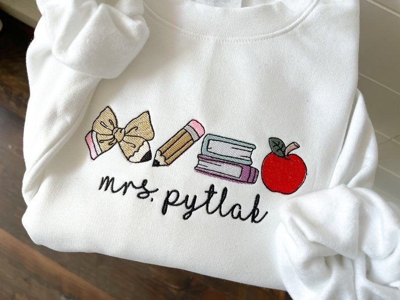 Embroidered Personalized Teacher Name Crewneck Sweatshirt - Custom Teacher Sweater - Cute Teacher Wear - Spirt Wear - Teacher Icon -