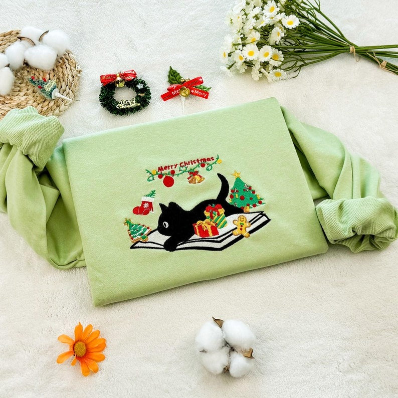Christmas Cat Embroidered Sweatshirt, Unisex Crew Neck, Cat Lover Gift