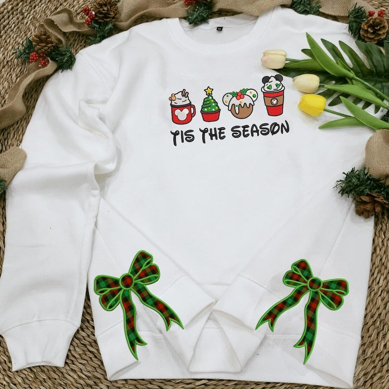 Epcot Holidays Side Bow Applique Sweatshirt, Disney Embroidery Sweatshirt, Tis The Season Embroidery Hoodie,Xmas Disney Bow Appliqué Sweater