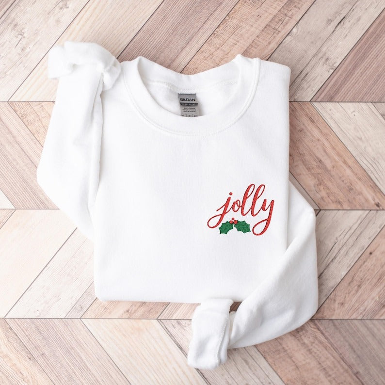 Jolly Embroidered Christmas Sweatshirt, Women's Embroidered Holiday Sweater, Gifted Holiday Sweatshirts For Her, Festive Christmas Apparel