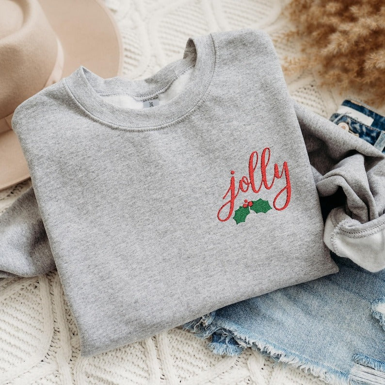 Jolly Embroidered Christmas Sweatshirt, Women's Embroidered Holiday Sweater, Gifted Holiday Sweatshirts For Her, Festive Christmas Apparel