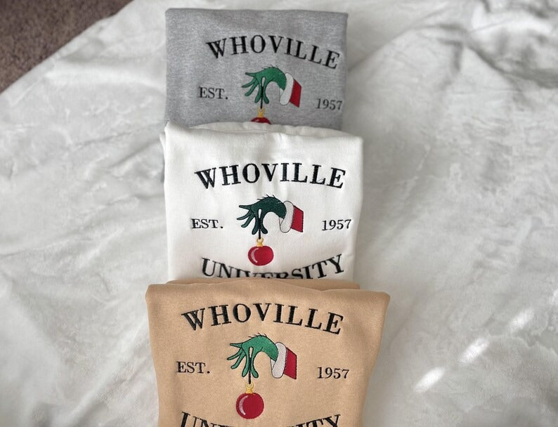 Christmas Sweatshirt, Christmas Whoville University Embroidered Sweatshirt, Christmas Embroidery Sweatshirt, Christmas Crewneck