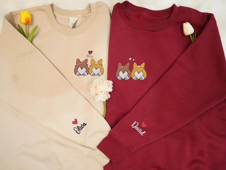 Custom Corgi Butt For Couple Valentine Embroidered Sweatshirt, Matching Sweater, Corgi Mom and Dad Shirt, Valentine Gift For Dog Lover