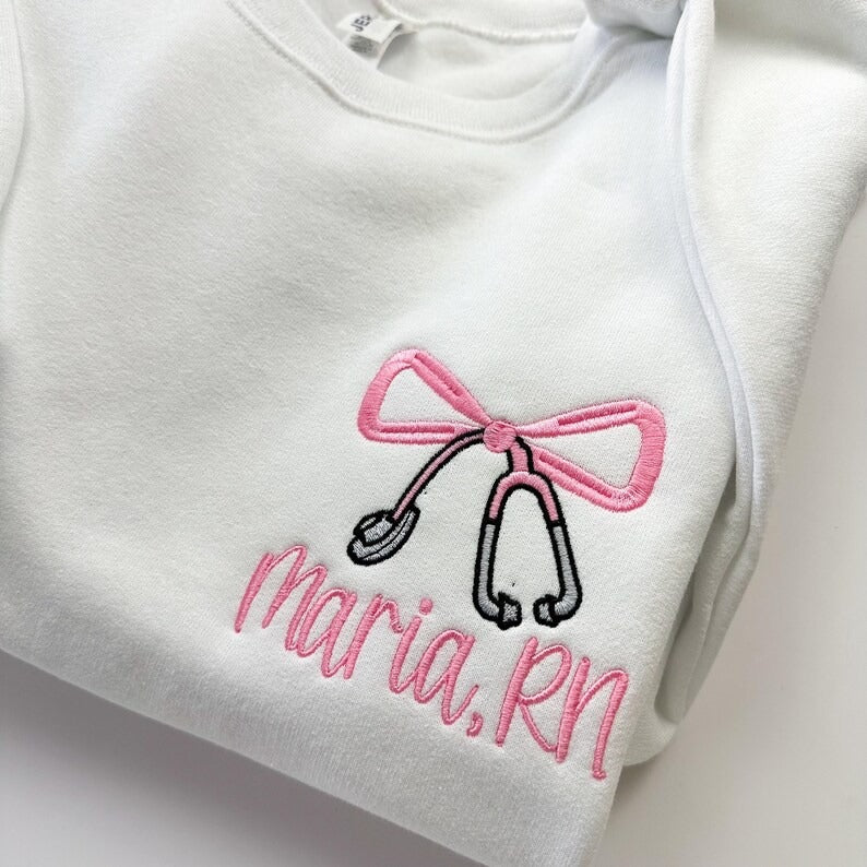 Embroidered Nurse Bow Sweatshirt - Personalized RN Sweatshirt - Custom Crewneck Sweatshirt - Jerzees - Coquette Bow - Nurse Gift