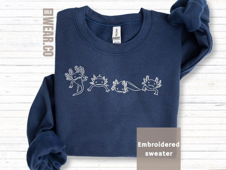 Embroidered Axolotl Sweatshirt Cute Amphibian Jumper Unisex Animal Gift for Daughter Son Boyfriend Girlfriend Kawaii Pet Lover gift