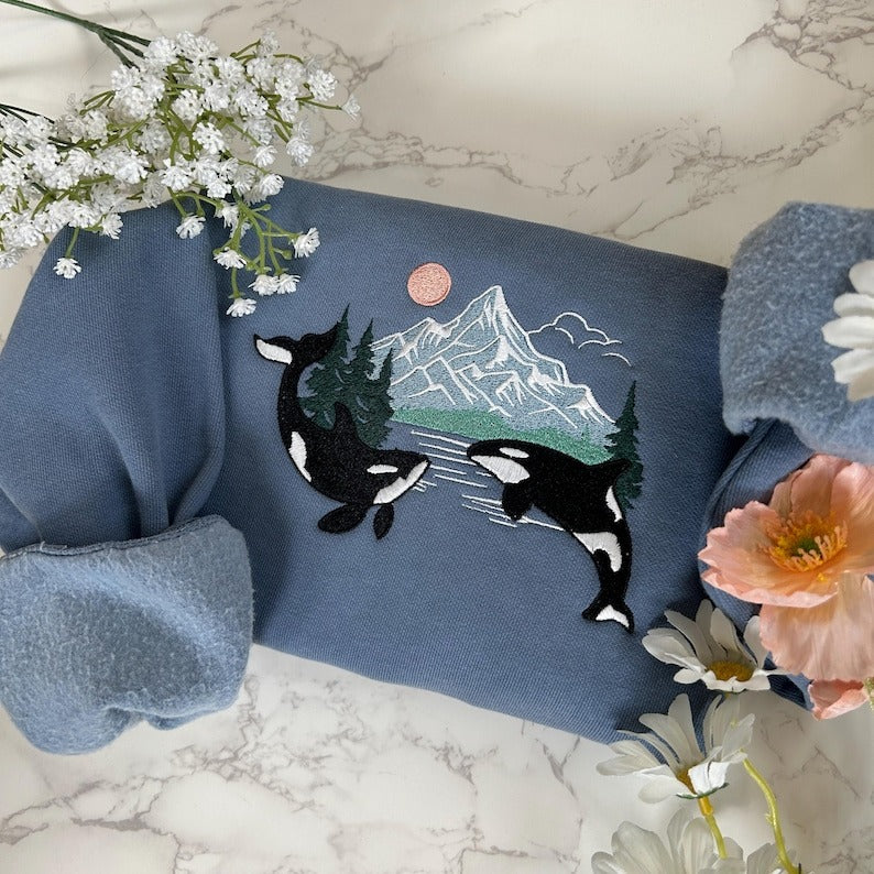Orca Whale Embroidered Sweatshirt, Respect Local Wildlife, Protect National Park, Camping Granola Girl Sweatshirt, Pacific Northwest Sweater