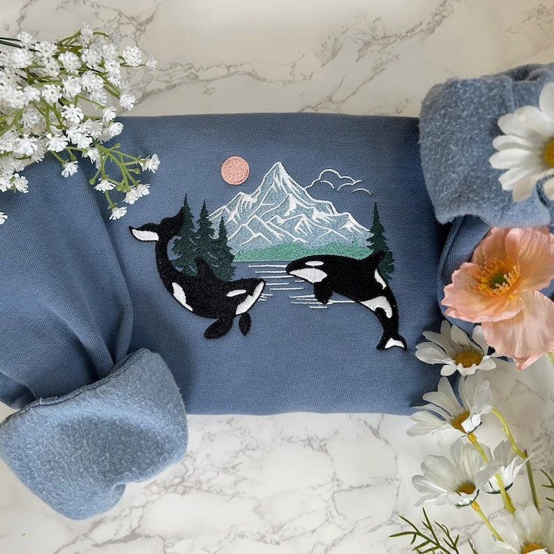 Orca Whale Embroidered Sweatshirt, Respect Local Wildlife, Protect National Park, Camping Granola Girl Sweatshirt, Pacific Northwest Sweater