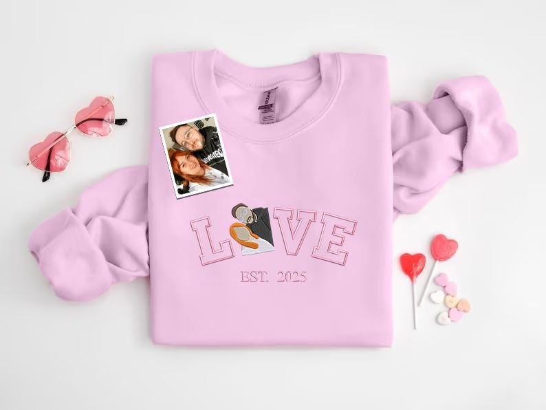 Personalized Embroidered Portrait Sweatshirt, Sketch from Photo Love Valentines Sweater, Custom Couple Matching Jumper, Valentines Day Gifts