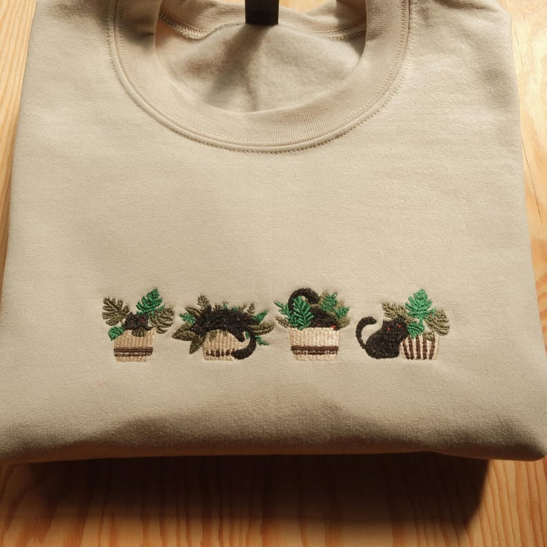 Embroidered Sweatshirt, Floral Cat Lover Crewneck, Cute Cat and Flower Embroidered Sweatshirt, Gift for Cat Lover Sweatshirt, Cat Sweatshirt