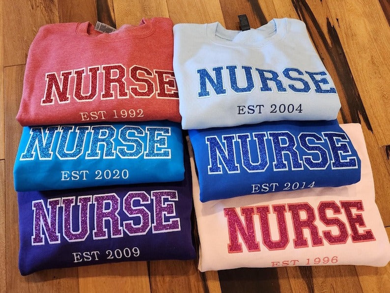 Embroidered Nurse Glitter Sweatshirt, Custom Glitter Nurse Gift, Nursing Grad Student , Gift For Registered Nurse, LPN, Nurse Black on black