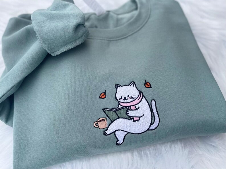 Embroidered Cat Bookish Reading Sweatshirt, Cozy Cat Reading Reading Shirt, Embroidered Book Lover Autumn Sweatshirt, Bookish Hoodie,