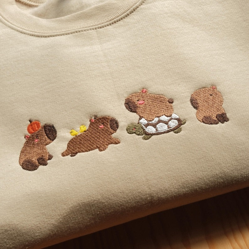Embroidered Capybara Sweatshirt, Cute Capybara Animal Embroidered Crewneck, Animal Tee, Turtle Lover Sweatshirt, Gift For Girlfriend