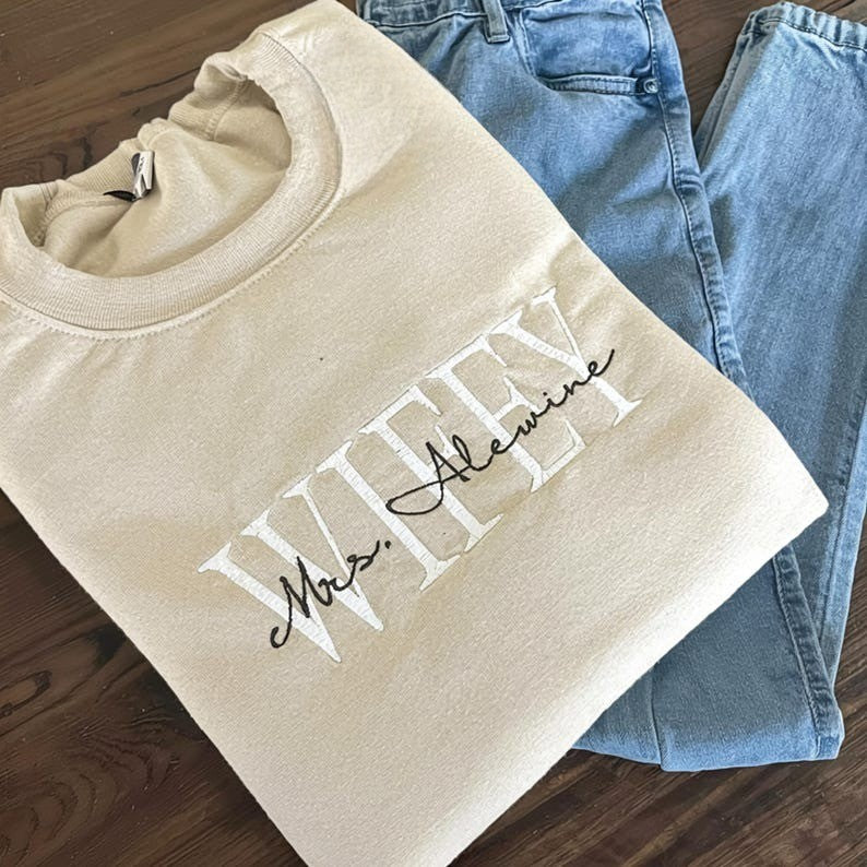 Custom Mrs. Embroidered Shirt, Date On Sleeve, Hubby Wifey Embroidered Sweatshirt, Gift For Bride, Engagement Gifts, Future Mrs, Bride To Be