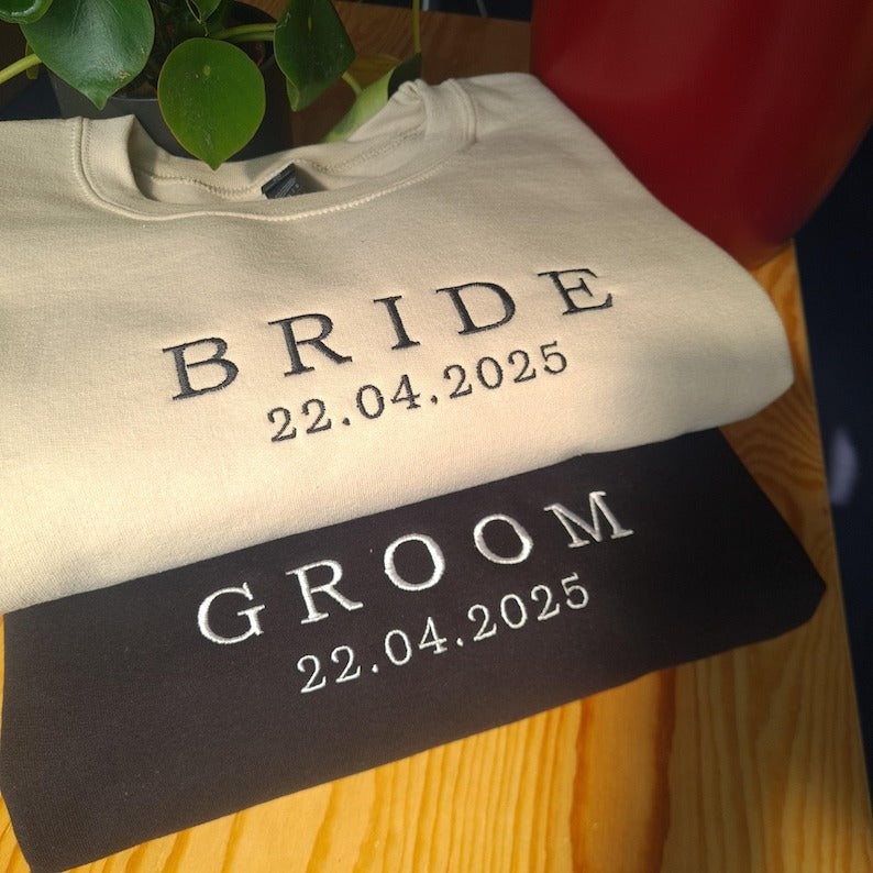 Custom Bride Groom Embroidered Sweatshirt, Personalised Couple Wedding Gift, Custom Bride Jumper, Wedding Date Crewneck, Groom Sweatshirt