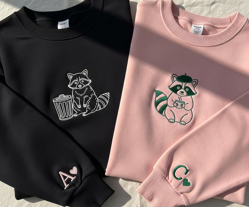 Custom Embroidered Couple Raccoon Sweatshirts Funny Trash Panda Matching Shirt Silly Valentine Gift for Husband Boyfriend Anniversary Outfit