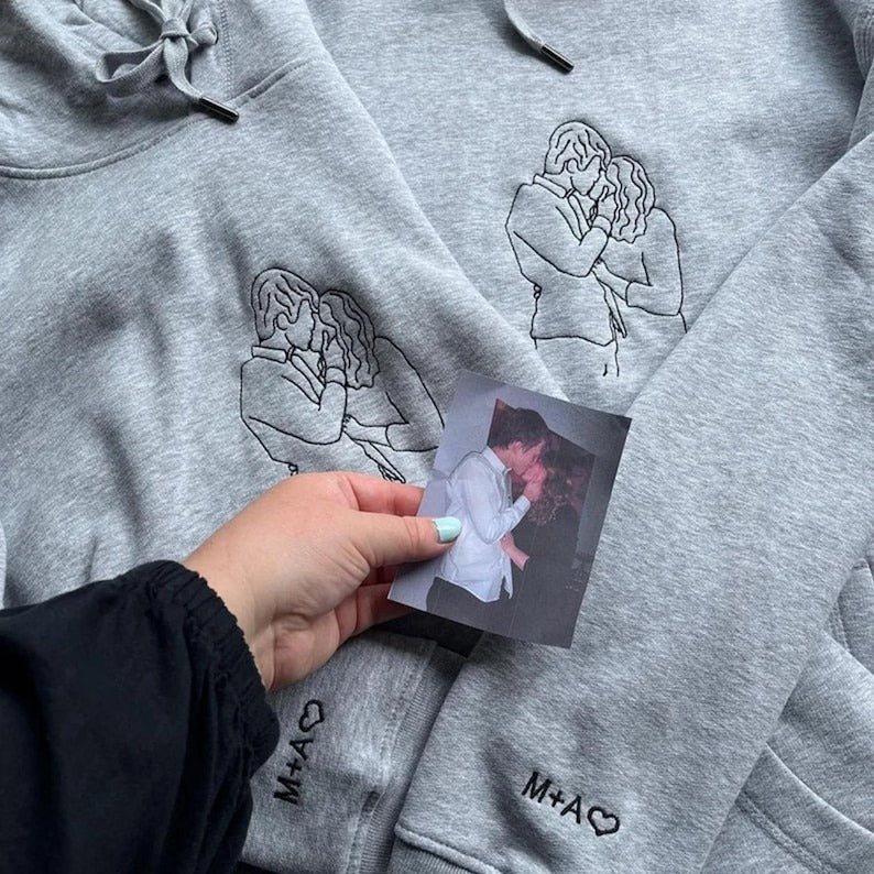 Custom Embroidered Portrait from Photo Hoodie, Couples Embroidered Sweatshirts, Personalized Gift For Couple, Christmas Gift For Couple