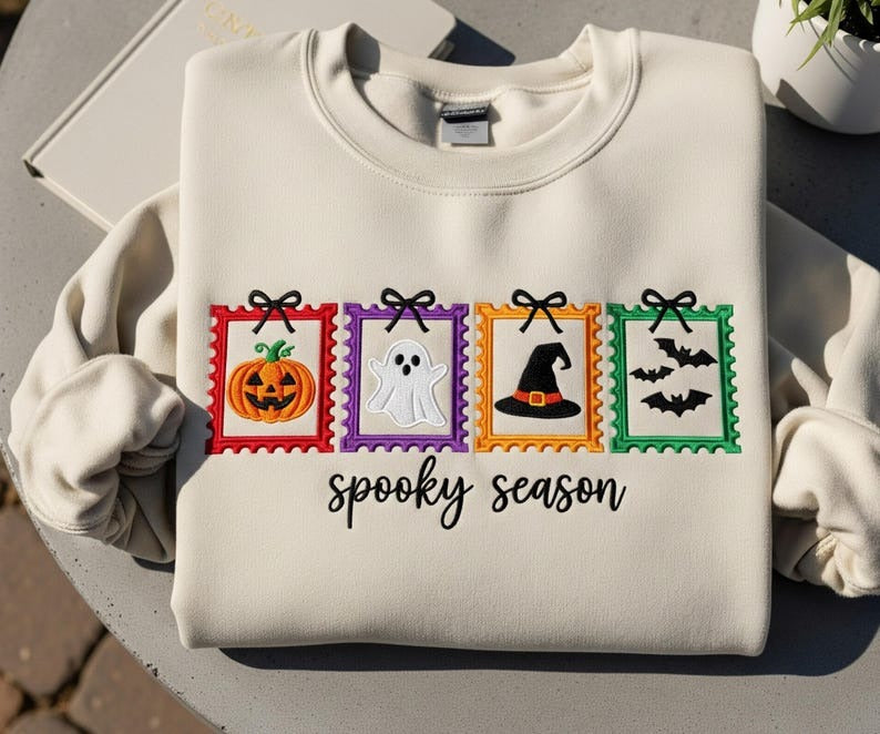 Embroidered Spooky Season Postage Stamp Sweatshirt for Women Cozy Autumn Fall Crewneck Cute Thanksgiving Gift for Her Trendy Fall Hoodie