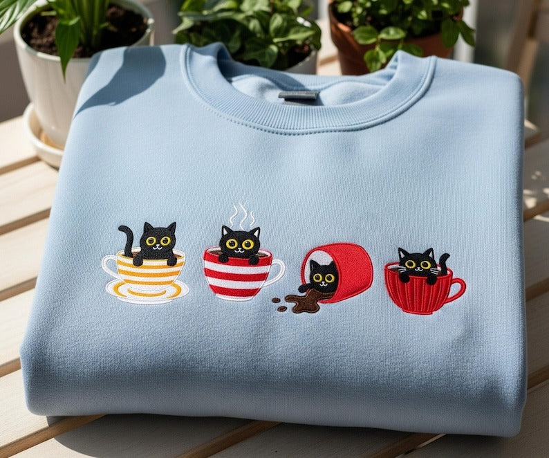 Embroidered Black Cat Coffee Shirt | Funny Cattfees Tired Cat Tee | Cute Cat Mom Gift | Cute Grumpy Espresso Cat Lover Graphic Shirt