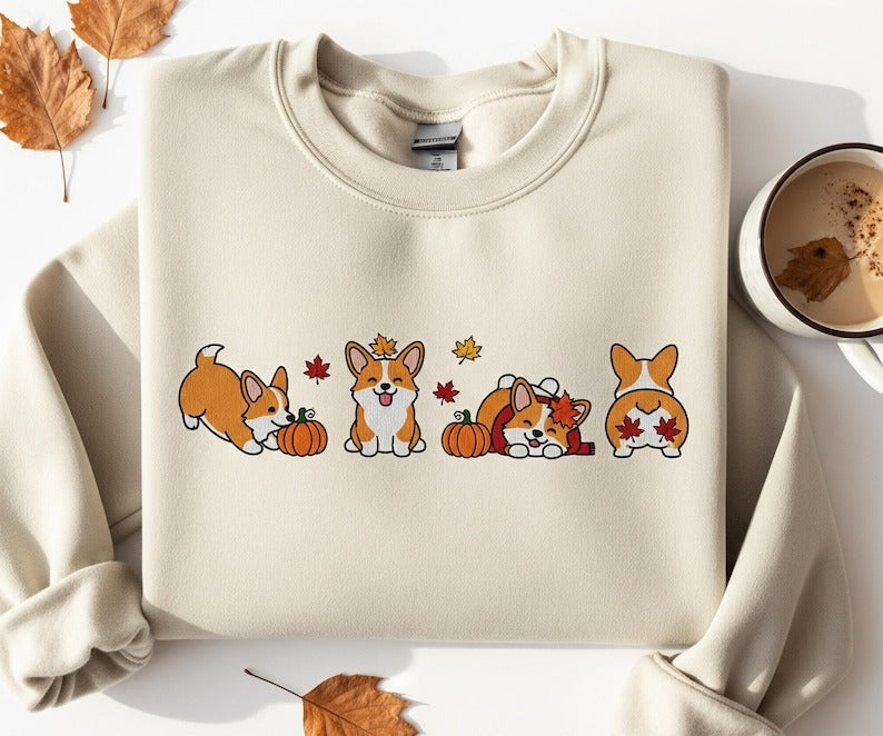 Embroidered Corgi Fall Sweatshirt Cute Dog Mom Gift Autumn Leaves Ghost Halloween Crewneck Cozy Pet Lover Shirt Funny Corgi Owner Tee