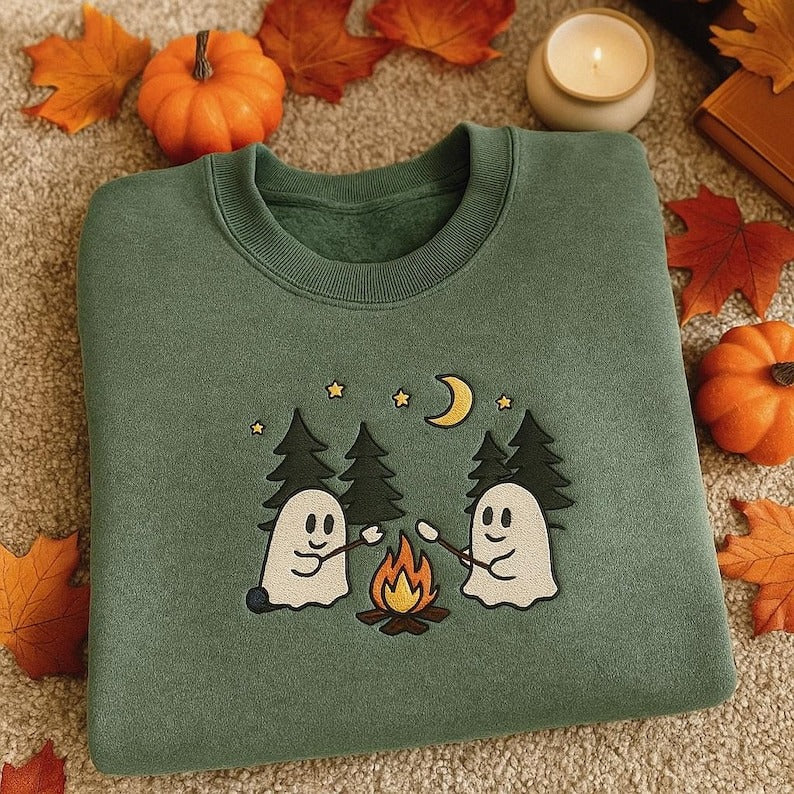 Embroidered Ghosts Camping Sweatshirt: Spooky Halloween Shirt