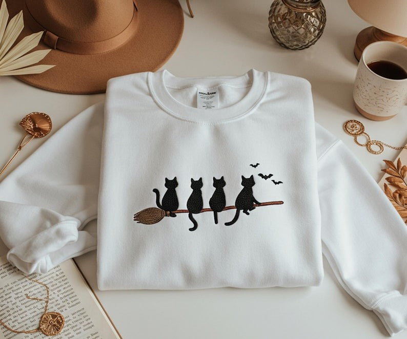 Black cat Halloween Shirt Embroidered, Spooky Ghost Cat Shirt, Retro Halloween Aesthetic, Gift for Cat Lovers Librarian Women Halloween Tee