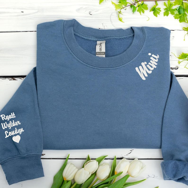 Custom Embroidered Mama Sweatshirt: Personalized Kids' Names Sleeve, Minimalist Momma Sweater