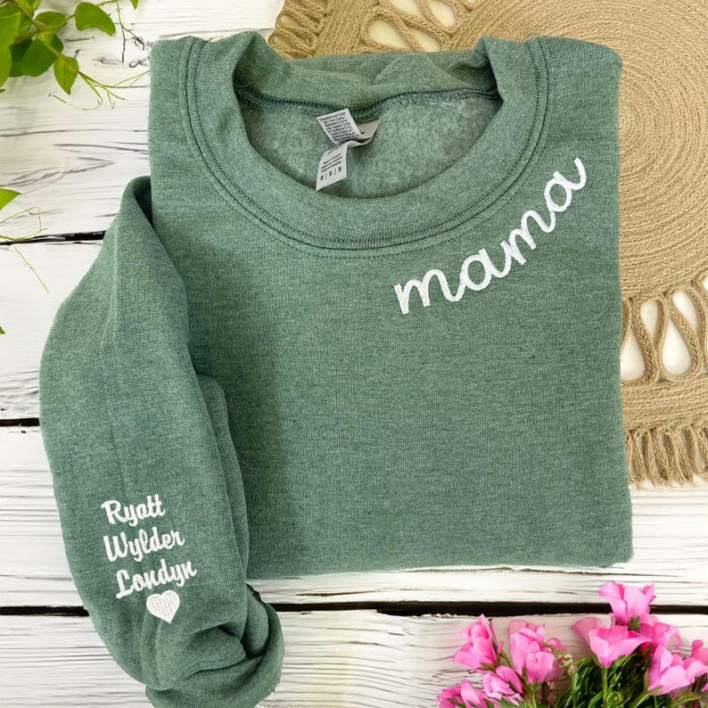 Custom Embroidered Mama Sweatshirt: Personalized Kids' Names Sleeve, Minimalist Momma Sweater