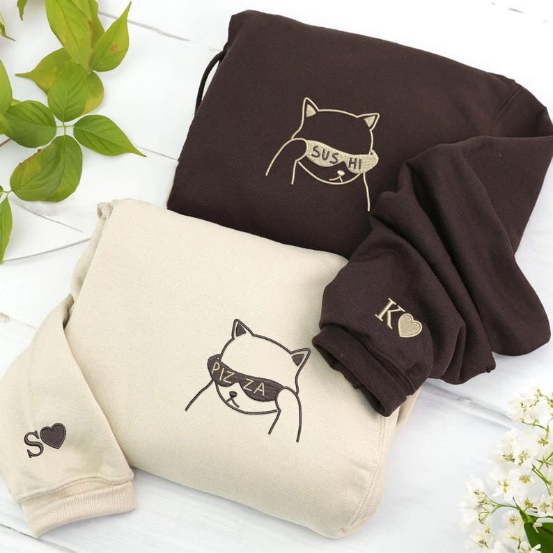 Matching Couple Cat Hoodies: Embroidered Sushi Pizza Cat Sweatshirts