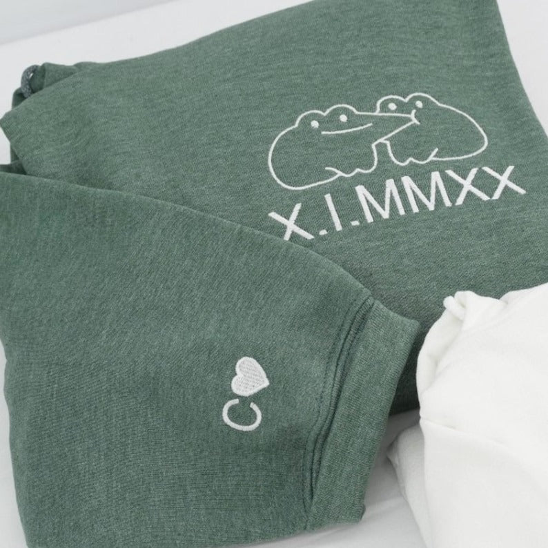 Custom Frog Couple Embroidered Hoodie with Roman Date & Initials | Personalized Matching Sweaters | Cute Anniversary Gift for Couples