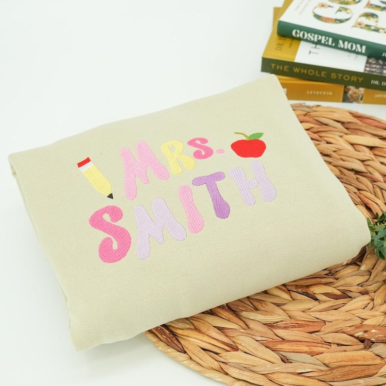 Embroidered Teacher Sweatshirt: Personalized Pencil Design - Back To School Gift