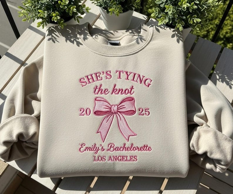 She’s Tying the Knot Custom Bachelorette Sweatshirt, Personalized Bow Party Shirt, Bridal Shower Gift, Bridesmaid Wedding Crewneck Tee