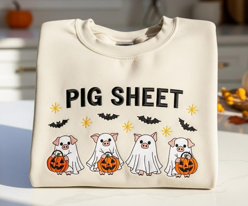 Pig Sheet Halloween Embroidered Sweatshirt, Funny Pig Ghost Shirt, Cute Farmer Gift, Spooky Season Animal Lover Sweater, Fall Farm Hoodie