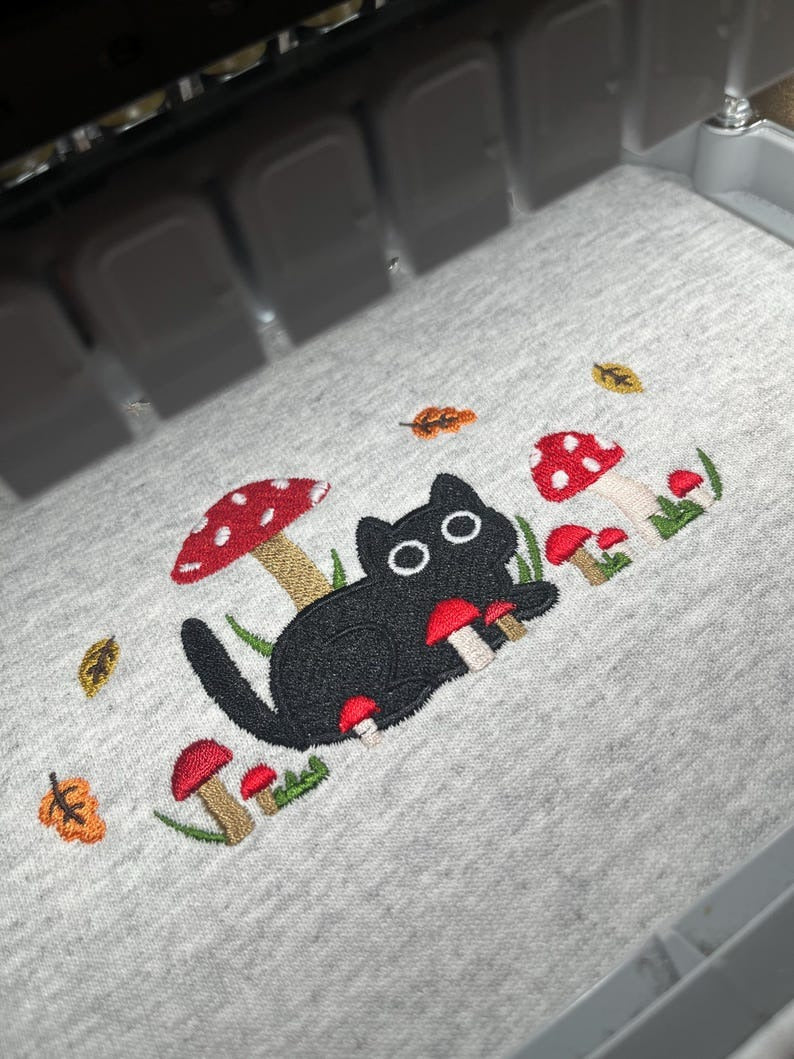 Mushroom Cat | Cute Autumn Embroidered Sweatshirt | Cat Lovers Gift