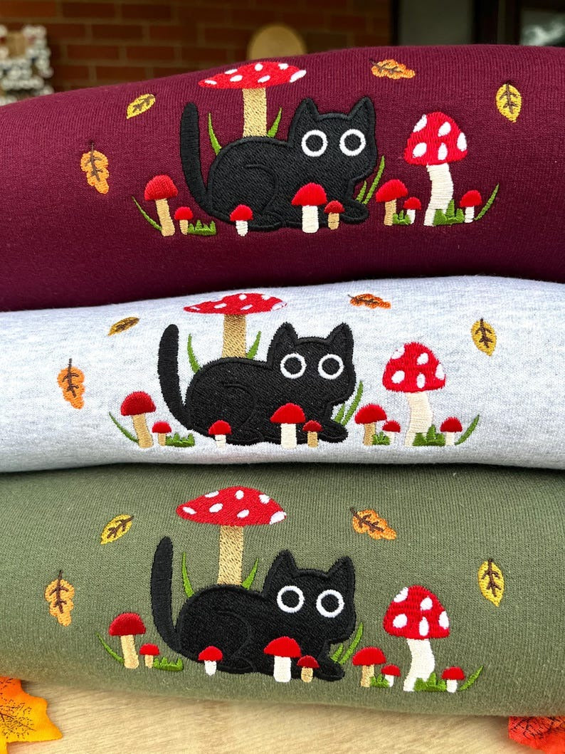 Mushroom Cat | Cute Autumn Embroidered Sweatshirt | Cat Lovers Gift